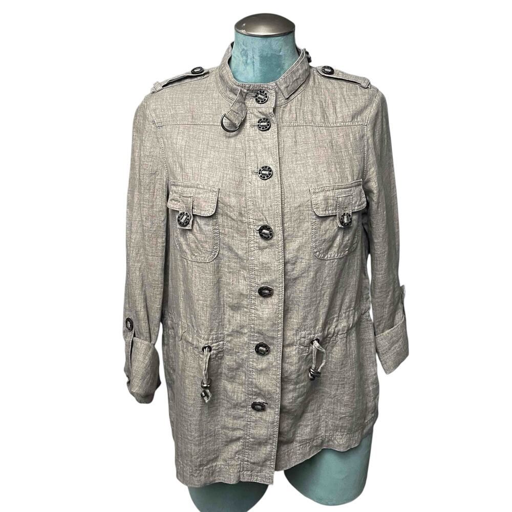 Bonita Linen Utility Jacket Size 40 Gray Button Front Pockets Drawstring Waist